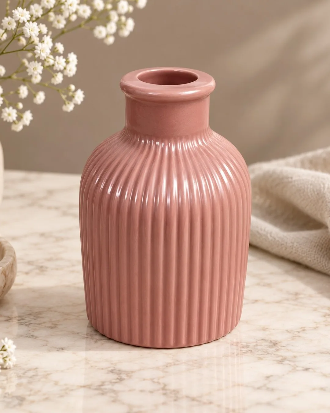 Ribbed Bud Vase, Dusty Rose