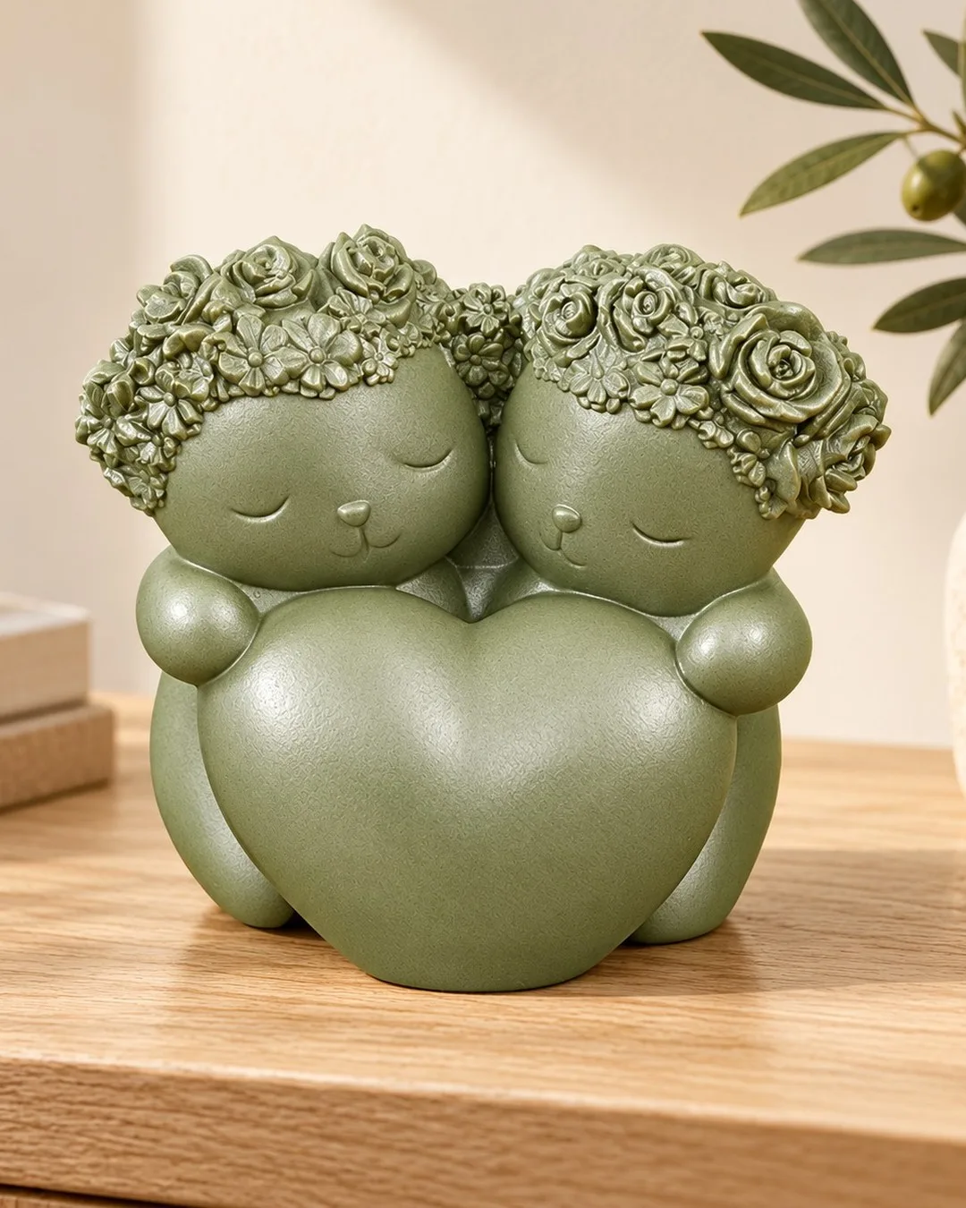 Twin Babies Heart Figurine, Sage Green
