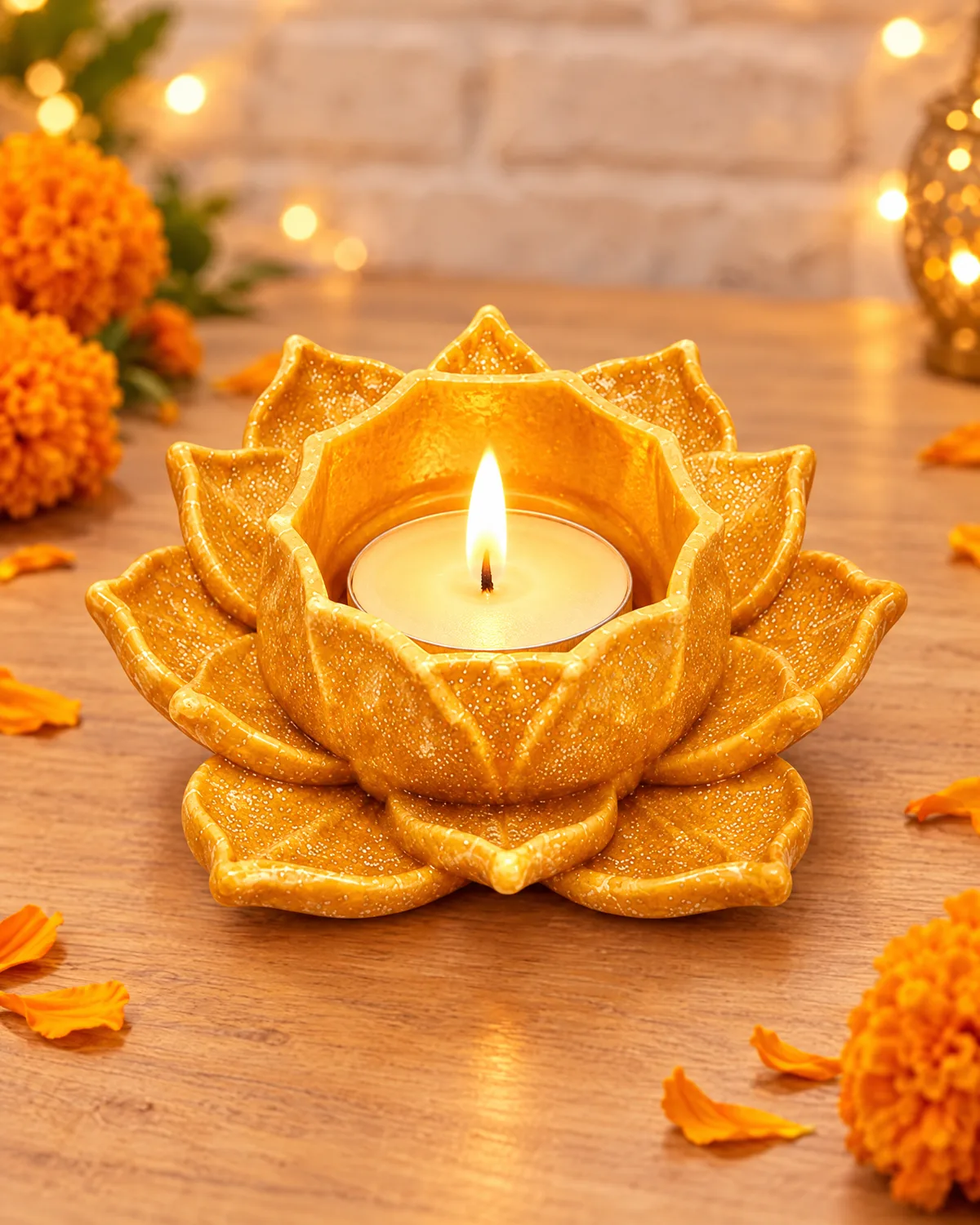 Lotus Glow Tealight Holder, Marigold Gold